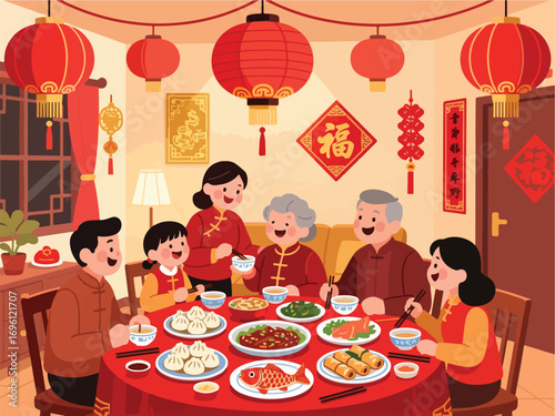 Chinese New Year Family Dinner with Traditional Dishes and Decorations - Flat 2D Vector