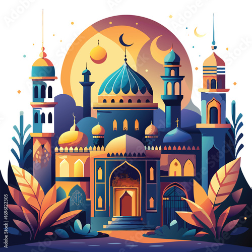 vector illustration of a mosque at sunset