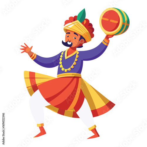 Funny illustration of a dancing cartoon man in a red clown costume with a ball and balloons