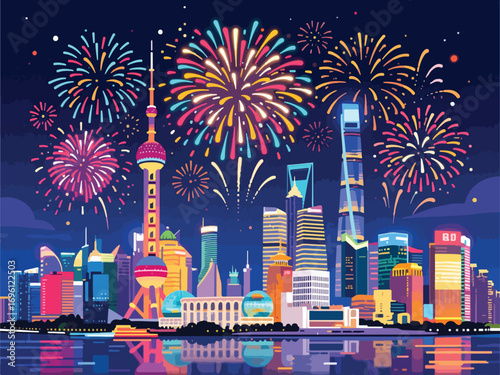 Spectacular Fireworks Display Over Shanghai Skyline for China National Day - Flat 2D Vector