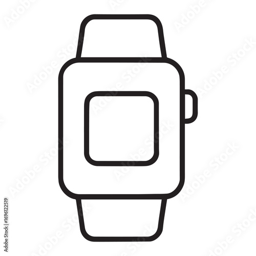 A minimalist black and white line drawing of a square-faced smartwatch with a strap. Clean and modern design.