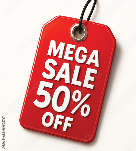 Mega sale 50% off Button with white background.
