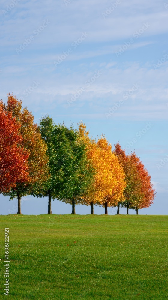 Naklejka premium Autumnal trees in a row, vibrant colors against a clear sky