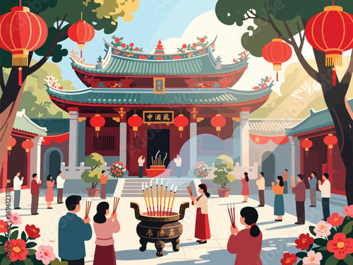 Traditional Chinese Temple During China National Day with Prayers and Incense - Flat 2D Vector