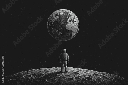 Black and white dotwork illustration of an astronaut standing on the Moon and looking at planet Earth. Hand-drawn stippling style, detailed engraving effect, monochrome space art