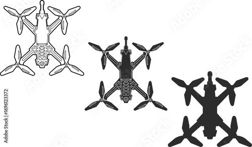 Set of aerial drone FPV icons in three versions. FPV drone icon in black color.