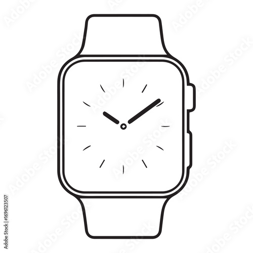 A minimalist line drawing of a square-faced smartwatch with a band. The watch face shows hour and minute hands.