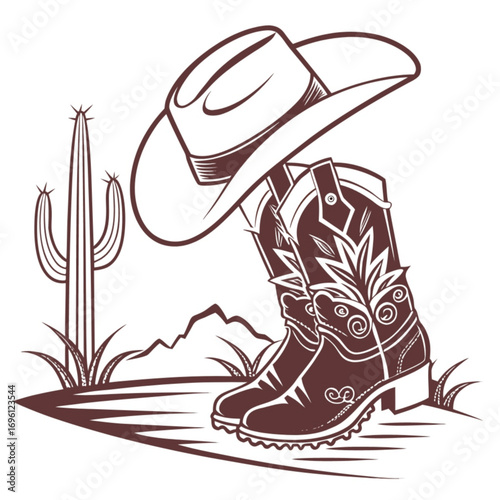 Minimilist illustration of cowboy boots and hat with cactus and mountain range on a desert landscape scene vector