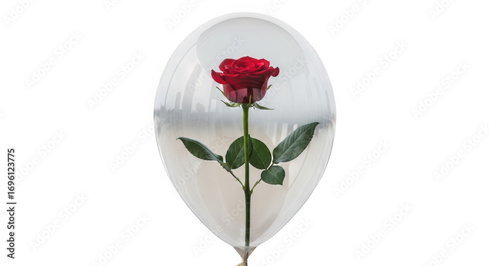 Obraz premium Delicate red rose encased in a clear transparent balloon with subtle greenery details
