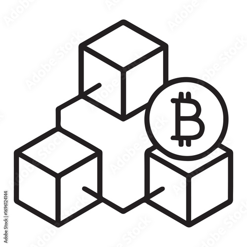 A simple line art illustration depicting interconnected blocks forming a blockchain structure with a Bitcoin symbol on one block.