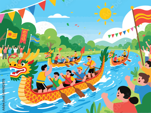 Traditional Dragon Boat Festival Celebration with Dragon Boat Races - Flat Illustration Vector