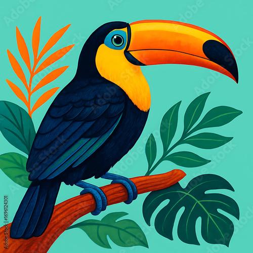 Colorful illustration of an exotic toucan bird perched on a branch amidst lush tropical jungle leaves