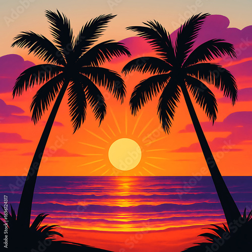 Mesmerizing tropical sunset casting a warm glow over the tranquil ocean, with vibrant orange, pink, and purple hues reflecting on the water, beautifully framed by iconic palm tree silhouettes