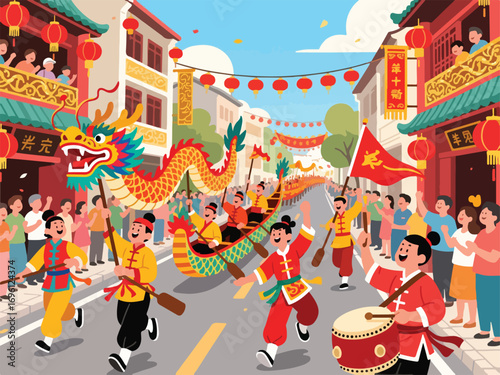 Lively Dragon Boat Festival Parade with Performers and Colorful Dragon Puppets - Flat Illustration Vector