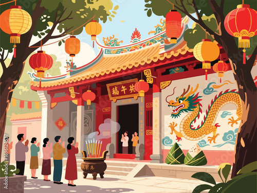 Chinese Temple During the Dragon Boat Festival with Lanterns and Offerings - Flat Illustration Vector