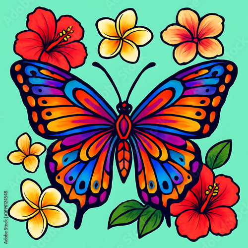 Vibrant illustration of a colorful tropical butterfly with stained glass patterned wings surrounded by exotic hibiscus and plumeria flowers