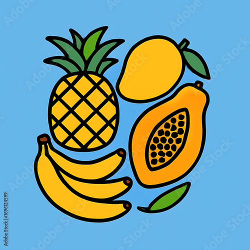 A colorful and charming hand-drawn illustration of a tropical fruit collection featuring a pineapple, mango, papaya, and bananas