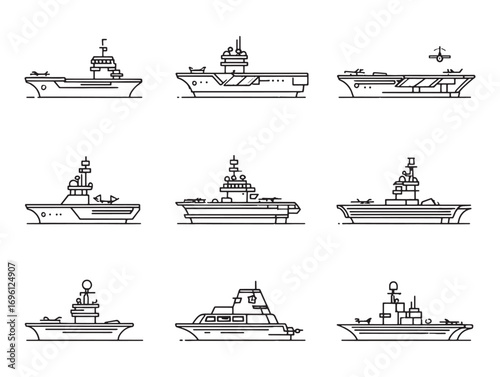 Aircraft carrier line art icon set
