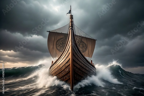 Dramatic viking ship navigating stormy seas capturing epic adventure and maritime power