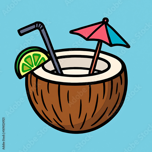 A vibrant cartoon illustration of a fresh coconut cocktail, garnished with a lime wedge, straw, and a small decorative umbrella, perfect for a tropical summer vacation