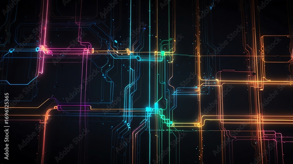 Fototapeta premium Abstract digital network with glowing colorful lines on dark background.