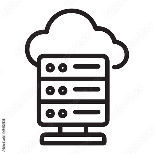 A simple line art icon depicts a server rack beneath a cloud shape, symbolizing cloud computing and digital data.