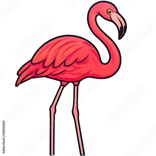Graceful pink flamingo standing in a classic pose, a charming cartoon illustration. This exotic tropical bird is a symbol of summer and elegance on an isolated background