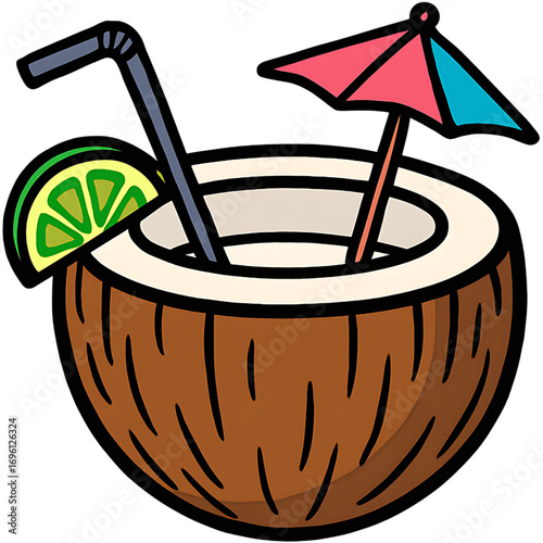 Fresh coconut drink vector icon with a colorful umbrella and lime garnish, symbolizing a tropical getaway and summer refreshment