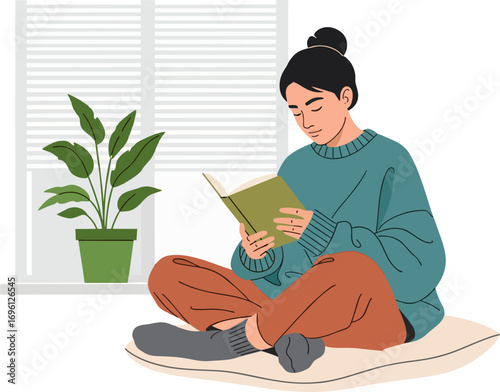 Illustration of a young woman sitting reading at home, wearing a comfortable outfit in front of a window with a plant. Young woman reading a book by a window with a plant in a relaxed and homey atmosp