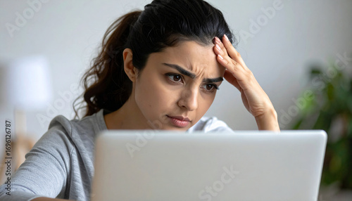 Frustrated young woman feeling stressed and confused while looking at her laptop screen, dealing with a difficult problem or bad news online