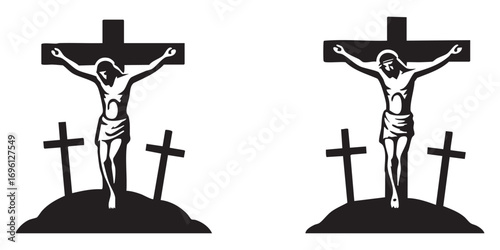 two silhouettes depicting the crucifixion of Jesus Christ on the cross, placed on Golgotha. On both sides of the central cross are two smaller crosses, symbolizing the crucifixion of the thieves.