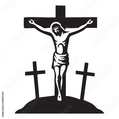 A silhouette image of Jesus Christ crucified on the cross, placed on Golgotha.