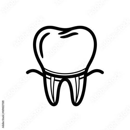 Simple line drawing of a molar tooth with visible roots and gum line, presented in black and white.