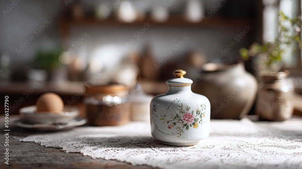 Fototapeta premium Elegant floral jar on lace, bathed in soft sunlight. Evokes nostalgia, domesticity, and delicate beauty. Perfect for lifestyle, food, and home decor.