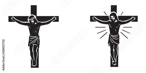 contoured silhouette images depicting the crucifixion of Jesus Christ on the cross. Both images are rendered in a minimalist style with black silhouettes on a white background.