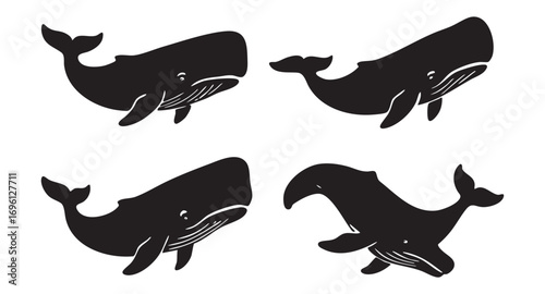 Four stylized black-and-white silhouette images of whales depicted in various poses. The design is minimalistic, with an emphasis on the contours of the whales' bodies, including their tails and fins.