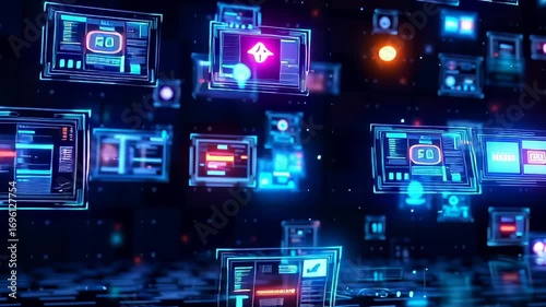 Immersive technological landscape with dynamic holographic interfaces floating in dark cyberspace, illuminated by vibrant blue and pink neon lights revealing complex data networks.