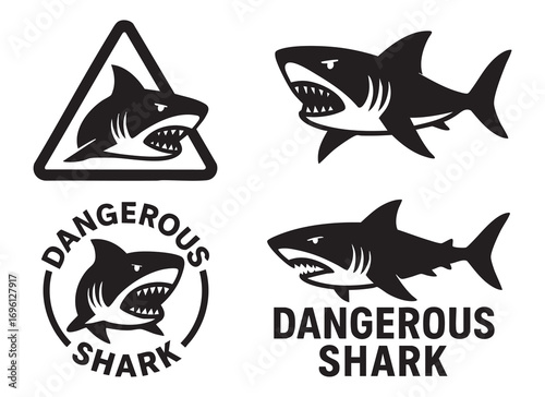 four black-and-white icons related to shark warnings.