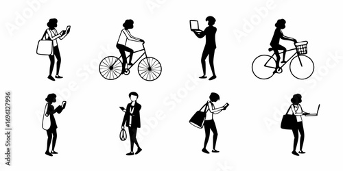 Silhouettes of people using technology and riding bicycles in a vector illustration style art