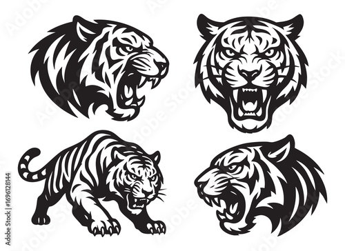 The image contains four black-and-white stylized illustrations of tigers. All images feature detailed stripes and an aggressive expression.