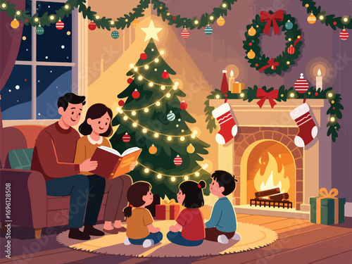 Family Gathering Around Christmas Tree on Christmas Eve - Flat Illustration Vector