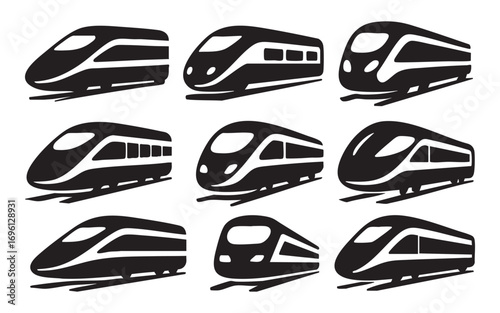 A set of icons depicting nine high-speed trains in black and white. Each train is shown from different angles and with a design that emphasizes movement and modernity.