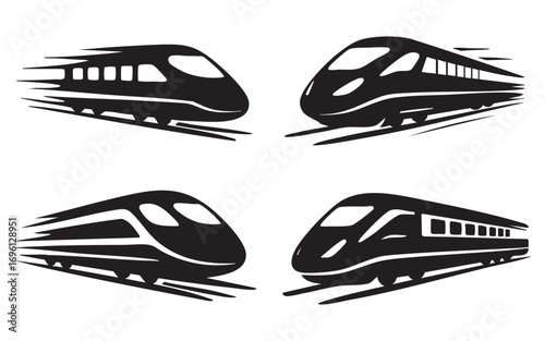 A set of icons depicting four high-speed trains, rendered in black and white with a motion effect. Each train is depicted in two versions: one with a closed nose and one with an open nose.