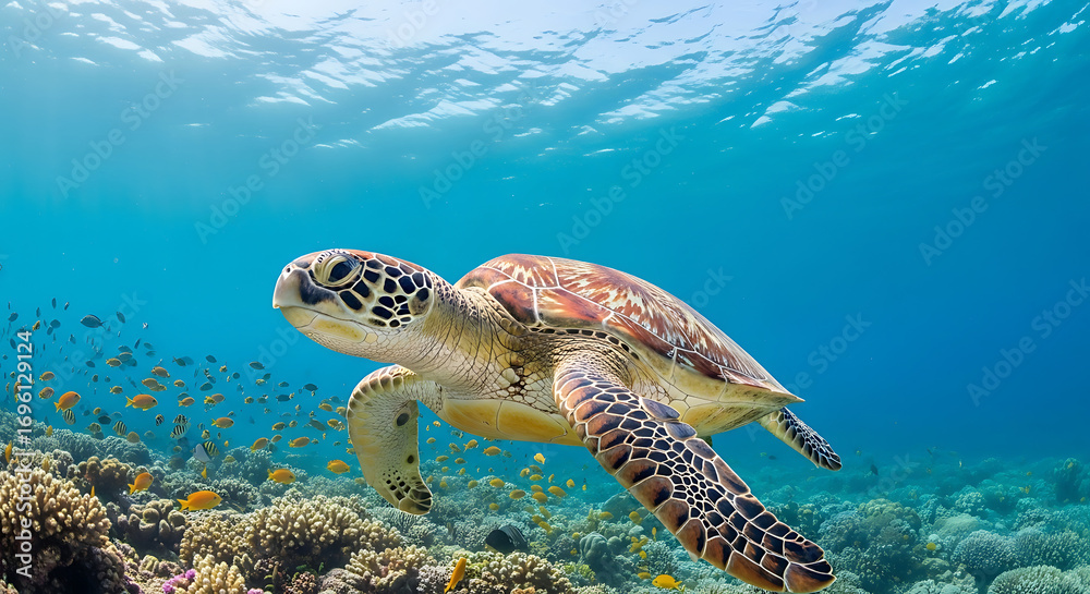 Obraz premium Sea turtle gracefully swimming in coral reef