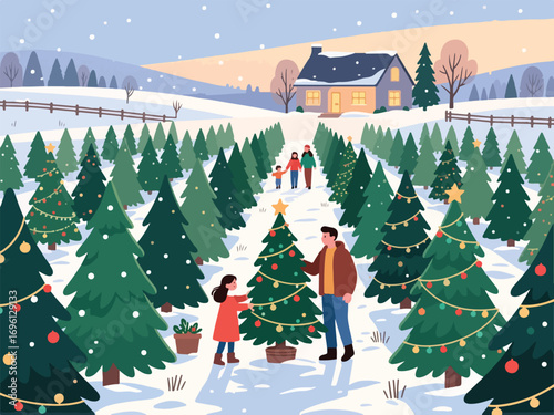 Christmas Tree Farm with Family Selecting a Tree and Snowy Countryside - Flat Illustration Vector