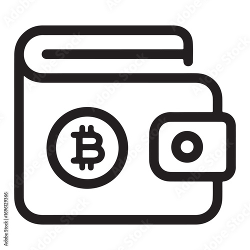 A simple black and white line art icon representing a wallet with a Bitcoin symbol inside.