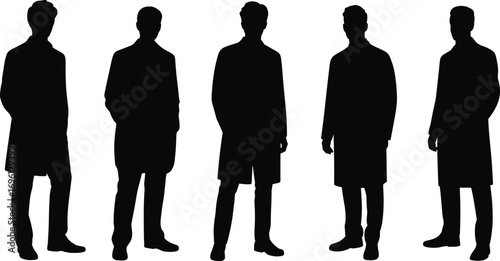 Silhouettes of five men standing wearing long coats and formal shoes, business fashion style, casual pose on white background