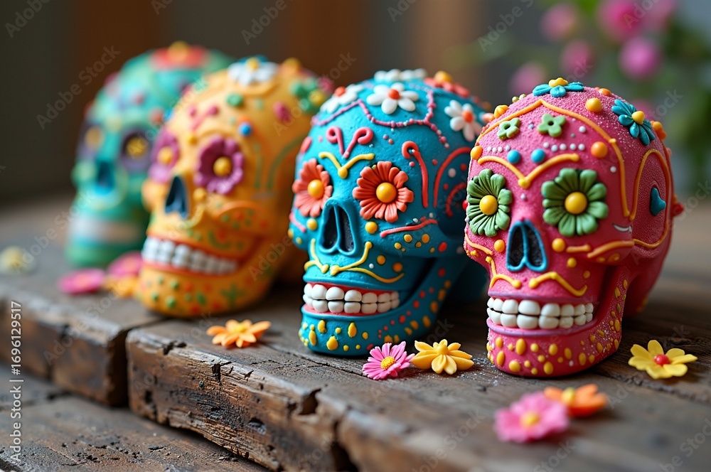 Fototapeta premium Colorful day of the dead sugar skulls decorated with flowers on wooden table