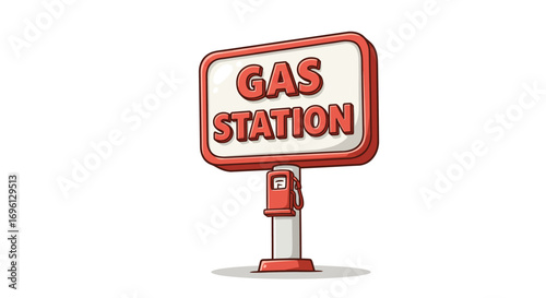 Cartoon Gas Station Sign with Red Trim and Fuel Pump