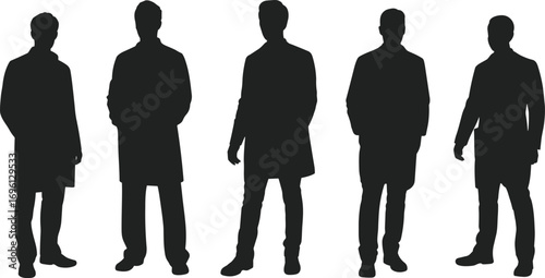 Silhouettes of five men standing wearing long coats and formal shoes, stylish fashion poses on white background, business casual